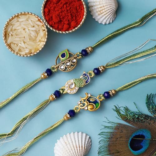 Image of eCraftIndia White Red Golden Set of 3 Pearl Rakhi for Brother with Roli Chawal Pack