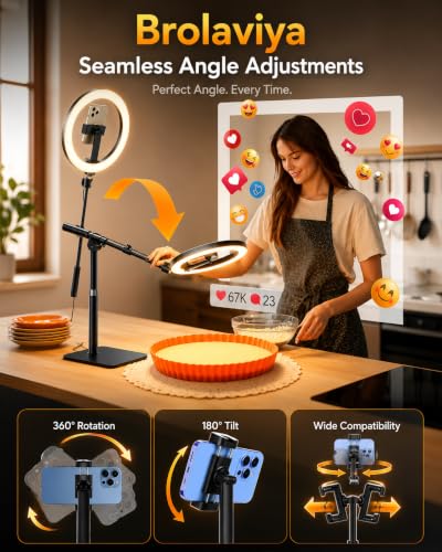 Image of BROLAVIYA No Shadow Overhead Video Mobile Floor Stand, Metal Arm,10inch Selfie Ring Light, 1 /4 inch Head for Camera, Webcam, and Mobile Bracket for Desktop, Bedroom, Office