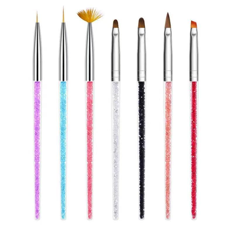 Nail Art Brush Kit, 7 Piece Paint Brushes with Crystal Handles, Liner, Fan, and Detail Pens for DIY Manicure Design