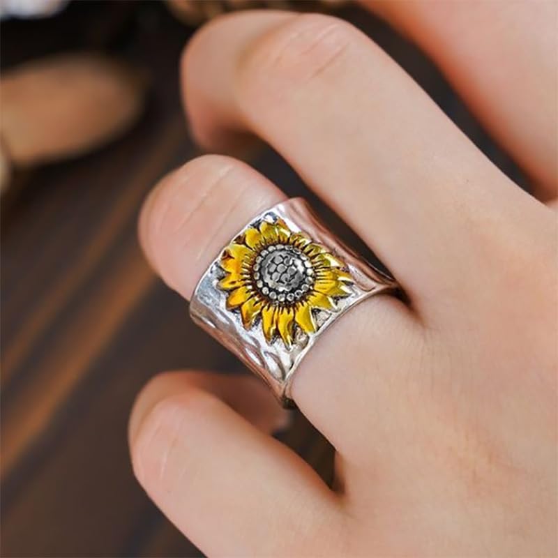 Bague Tournesol Argent Femme : bijou vintage fait main et bague de couple en argent