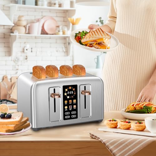 Image of SEEDEEM Toaster 4 Slice, Stainless Toaster & Touch Control, LCD Display, 6 Bread Type, 7 Shade Settings, 1.5'' Wide Slots, Cancel /Defrost /Reheat, Removable Crumb Tray, 1800W, Silver Metallic