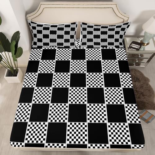 Image of Erosebridal Geometric Checkered Bedding Set Queen Black White Buffalo Plaid Bed Sheets Checkerboard Gingham Sheet Set Kids Boys Girls,Modern Fashion Grids Fitted Top Sheets 4 Piece