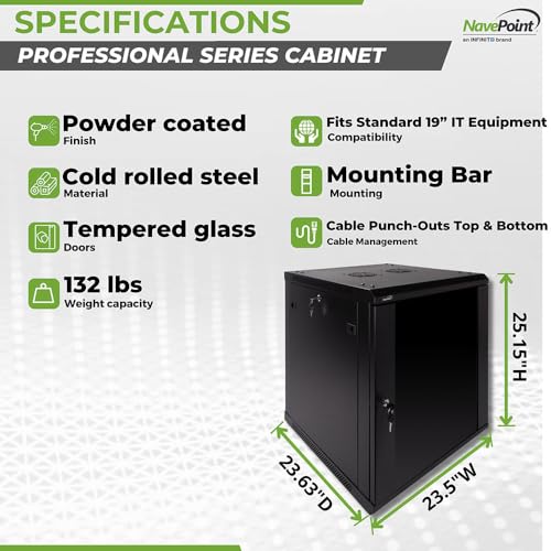 Image of NavePoint 12U Server Rack Enclosure - 23.6 inch Deep, Wall Mount Network Cabinet with Locking Glass Door for 19 inch IT Equipment, Network Rack with 2 Fans, Removable Side Panels, Black