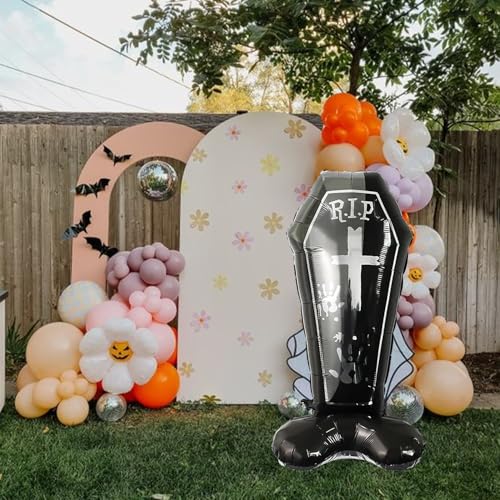 Image of Rozi Decoration Self Standing R.I.P Tombstone Balloon - 58 Inch Halloween Decoration with Feather Base for Graveyard Party Decor