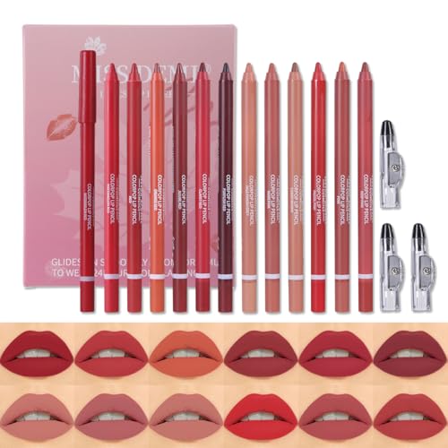 Juego de delineadores de labios de terciopelo mate de 12 colores, delineadores de labios pigmentados de terciopelo cremoso, lápiz labial mate. (12 Pcs)