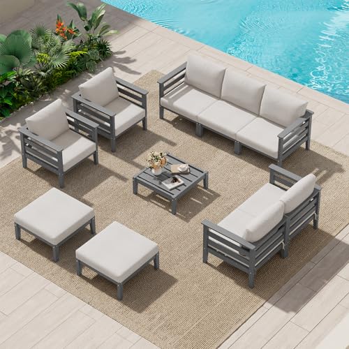 Image of SERWALL HDPE Outdoor Furniture Set, 10 Pieces Patio Sectional Sofa Set | All-Weather Wood-Like Outdoor Sofa Couch with Coffee Table, Modular Design for Flexible Combination