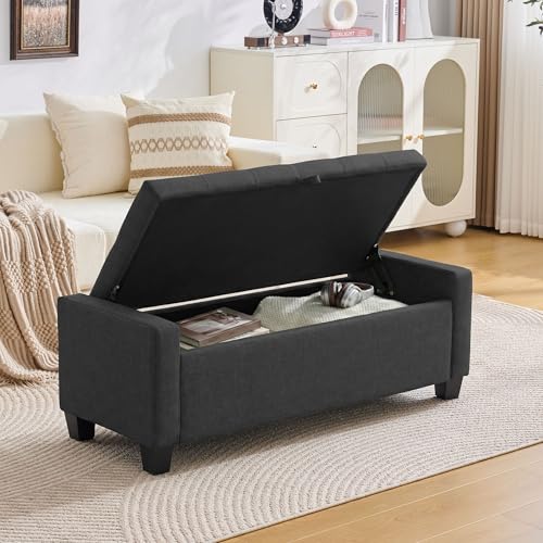 Image of Huatean Home 43 inch Ottoman with Storage, Storage Ottoman Bench with Safety Hinge, Upholstered Entryway Bench with Seating for Bedroom, Living Room, Holds up to 330 lb, Dark Gray