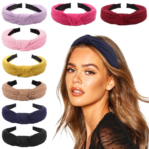 Image of DRESHOW 8 Pack Knotted Headbands for Women Wide Turban Headband Yoga Exercise Ribbing Hair Hoop Hair Bands Accessories