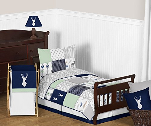 Image of Sweet Jojo Designs Navy Blue, Mint and Grey Woodsy Deer Boys Toddler Bedding 5 Piece Comforter Sheet Set