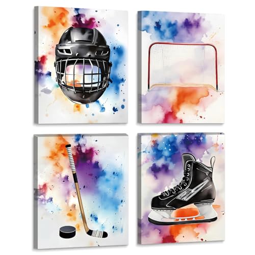 Watercolor Hockey Boys Bedroom Wall Decor Set of 4,Winter Sports Decorations Wall Art Nursery Aesthetics 8x10 Inch Framed