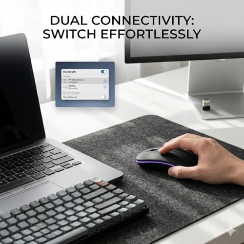 Image of PowerHaus Dual Mode Rechargeable Wireless Mouse, Bluetooth + 2.4GHz Connectivity, Silent Clicks, Adjustable 1600 DPI, RGB LED Lights, Nano USB Receiver, Slim Portable Design - Black