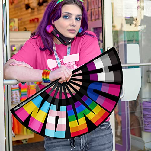 Image of bmuvghi Rainbow Folding Fan Pride Hand Held Fan Gay Pride Stuff Large Clack Hand Fan Foldable Rave Fan for LGBTQIA+ Pride Parade Pride Accessories Stuff
