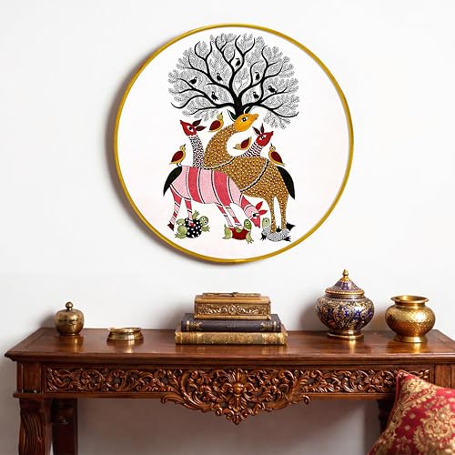 Image of Tribal Gond Round Framed Wall Art Painting For Living Room | Tribal Madhubani Folk Animal Wall Art Painting With Frame for Home, Bedroom & Office, 16 Inch