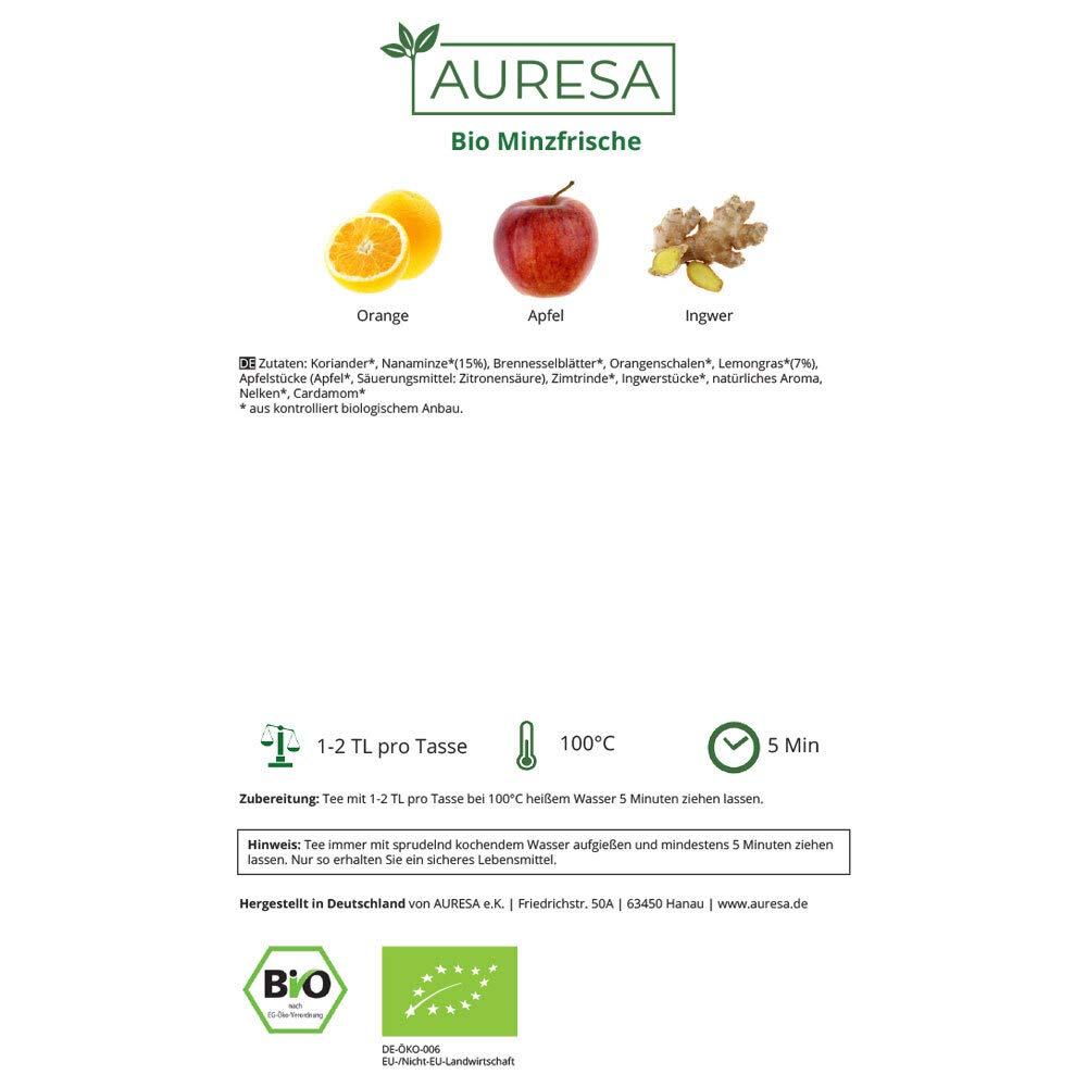 AURESA Bio Kräutertee Minzfrische | Krauseminze mit Lemon Geschmack | Loser Tee aus kontrolliert biologischen Anbau