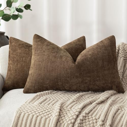 Image of Foindtower Set of 2 Textured Chenille Throw Decorative Pillow Covers Square Accent Solid Cushion Cover Neutral Farmhouse Lumbar Pillow Case for Couch Sofa Bedroom Living Room 12x24 Inch,Dark Bronze