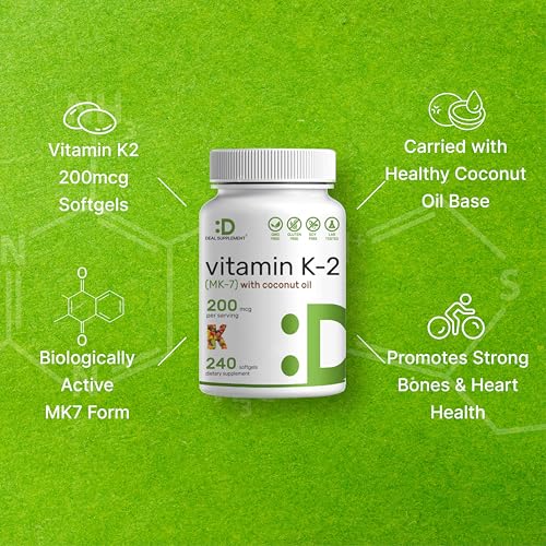 deal supplement vitamin k2 mk-7 200mcg per serving 240 coconut oil softgels  easily absorbed menaquinone-7 form  bone joint amp immune support  non-gmo