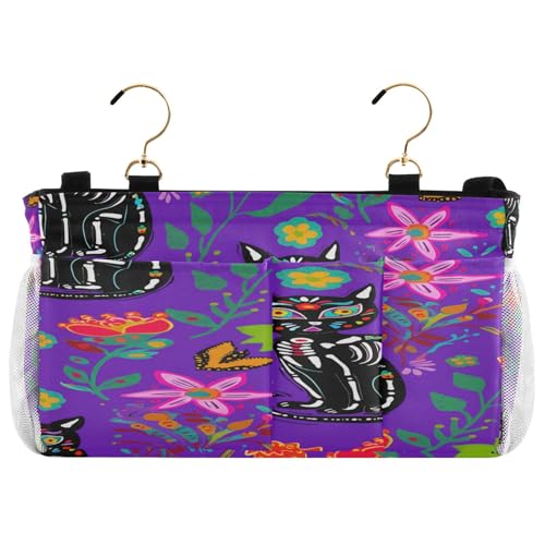 BOESI Doodle Cat and Flowers Bedside Storage Hanging Bag, Hanging Storage Basket, Suitable for Storing Cell Phones, Water Bottles, Books