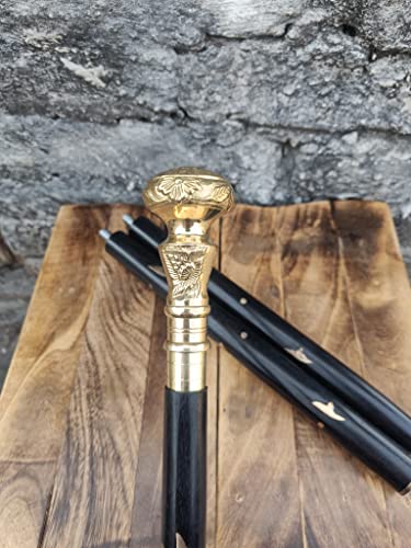 Brass Knob Head Handle Vintage Wooden Black Designer Walking Stick Cane
