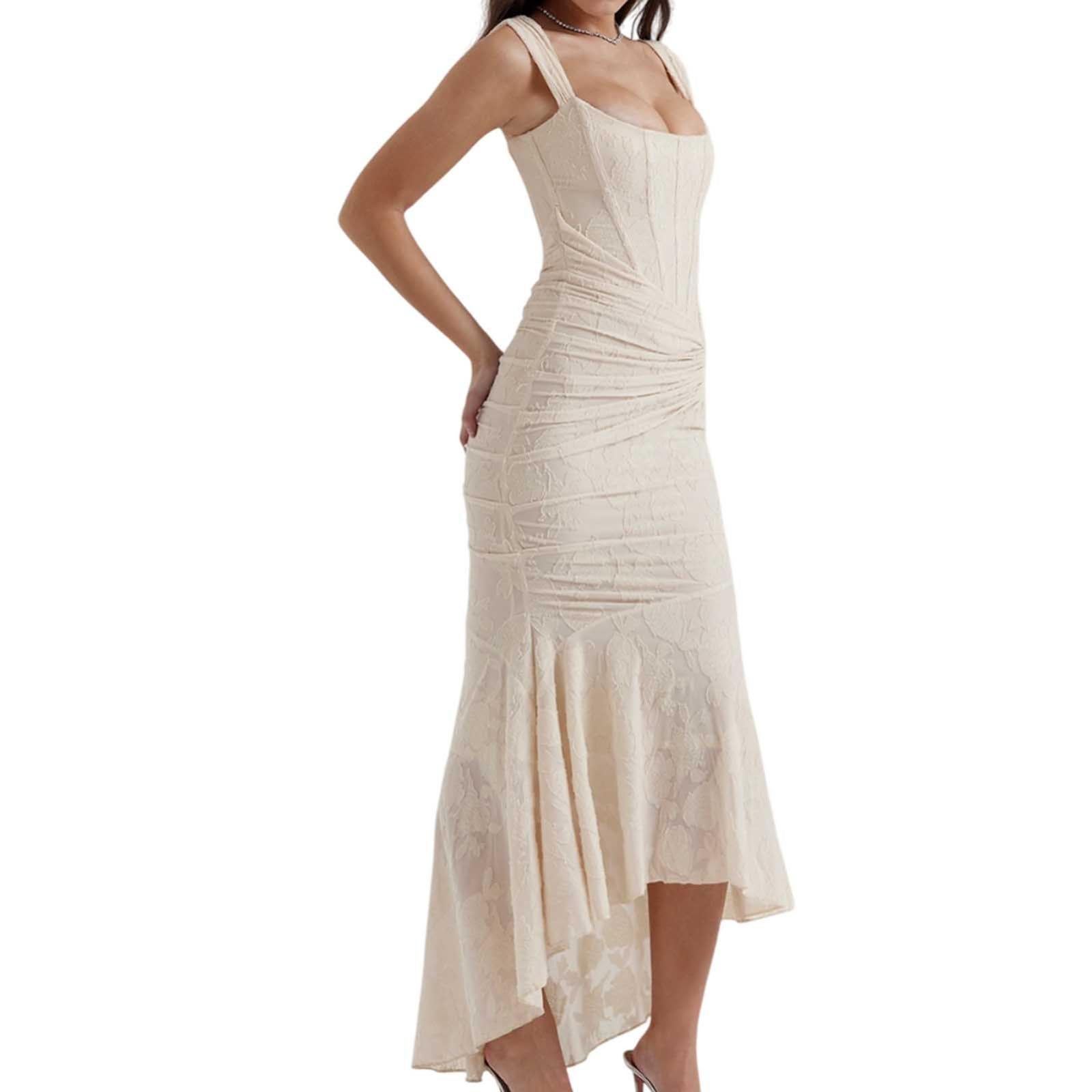 Yilkoo Women's Beige Square Collar Maxi Dress Sexy Ruched Bodycon Fishtail Dress Back Zipper Wedding Guest Long Dresses(,S)