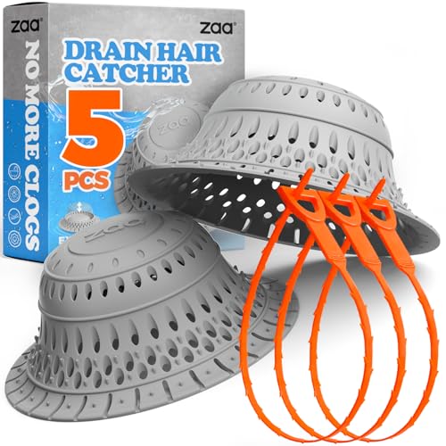 Image of zaa 5 Pcs Bathtub & Shower Drain Hair Catcher, 2 Pack Silicone Collapsible Drain Protector and Drain Cover with 3 Snake Drain Clog Removers, for Pop-Up and Regular Drains of Tub, Shower, Bathroom