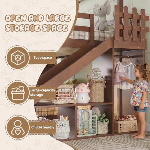 Image of Bellemave Twin Over Full House Bunk Bed with Slide and Storage Shelves for Kids,Solid Wood Floor Bunk Bed Frame with Wardrobe and Inclined Ladder for Girls Boys,Deep Natural
