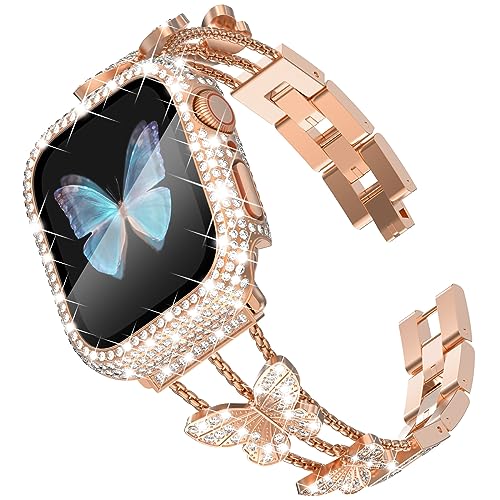 Wingle for Rose Gold Apple Watch Bands 40mm for Women, iWatch Series 6 5 4 SE Butterfly Diamond Rhinestone Crystal Bracelet Stainless Steel Band with Bling Screen Protector Case Dressy Chain Strap, 40