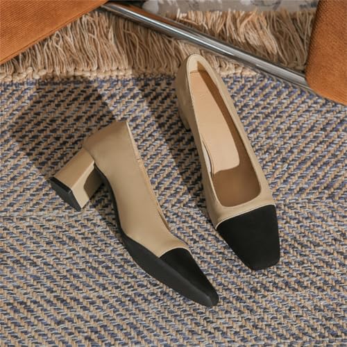 Women's Leather Slip On Two Tone Chunky Block Heel Pumps Close Square Toe Comfortable Dressy Shoes for Office Work Party Daily Wedding3