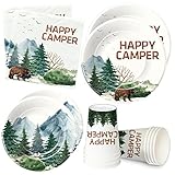 APOWBLS Camping Party Supplies - Happy Camper Birthday Decorations Dinnerware Include Dinner Plate, Dessert Plates, Cups, Napkins, Camping Theme Adventure Party Supplies Tableware | Serve 24