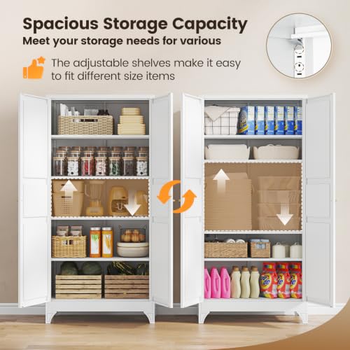 Image of Yizosh Metal Pantry Cabinet,- 72 inch White Kitchen Pantry Storage Cabinet with Doos and Adjustable Shelves for Kitchen, Living Room,Dining Room,Home