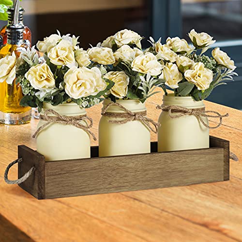 Centerpieces For Dining Room Table, Mason Jar Decorative Wood Tray With Artificial Rose Bouquet Flowers Rustic Farmhouse Home Decor For Coffee Table Living Room Kitchen Table Decor By Tj.moree - Beige #TOP3