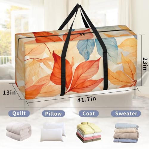 Autumn Maple Leaves Extra Large Moving Bags Heavy Duty Storage Bags Abstract Leaves Cloth Wrap Around Handles Double Zipper Reusable Convenient Foldable Storage Tote for Travel Camping Space Save2