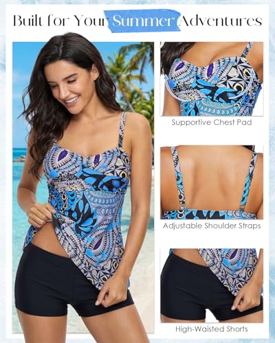 Image of Century Star 2026 Modest Tankini Swimsuits for Women | Tummy Control Two Piece Bathing Suit | Tops with High Waisted Shorts A 02 Blue Printing 16-18