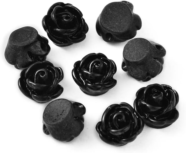 Beadthoven 50pcs Handmade Flat Base Opaque Resin Black Rose Flower Beads for DIY Beading Jewelry Making Necklace Bracelet Earring Supplies 9x7mm Hole: 1mm