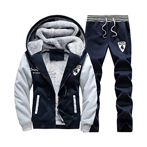 Homme Loisir Jogging Survêtement,Hiver Chaud Épais 2 Pièces Polaire Zipper Veste en Sweat à Capuche +Pantalons Ensemble Hoodies Sweat-Shirt à Capuche à Manche Longue et Pantalon de Sport Bleu XL Cover
