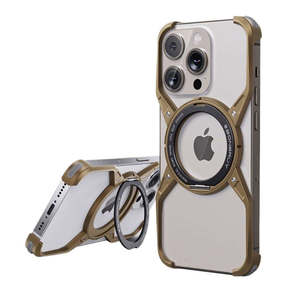 SNIDII Metal Aluminum Alloy Rotation Stand Rimless Phone Case for iPhone 15 Pro Max Magnetic Shockproof Bumper Cover (Gold)
