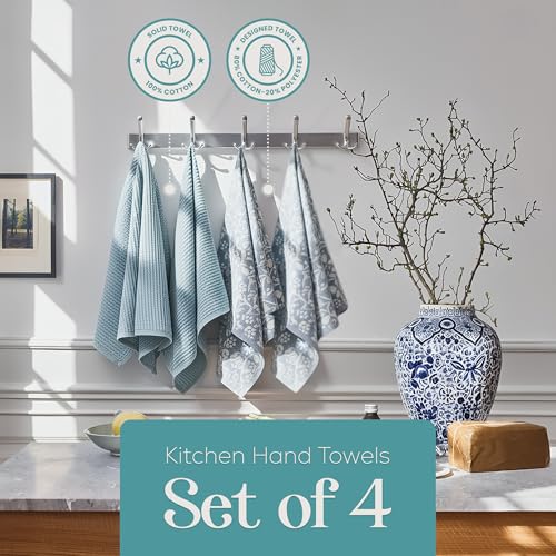 Image of Kitchen Towels, Cotton Hand Towels, Blue and White Floral Vine Ribbed Hand Drying Cloth Set of 4 Absorbent Hand Towels, 18 x 28 Kitchen Linens
