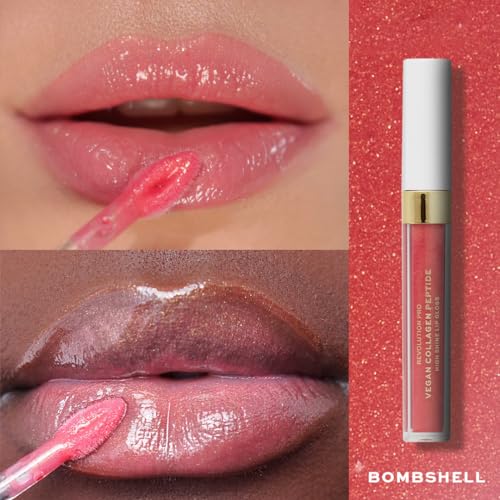 Image of Revolution Pro Vegan Collagen Peptide High Shine Lip Gloss, Nourish, Plump & Hydrate Lips With Hyaluronic Acid & Vitamin E, Bombshell, 4 ML (Pack of 1)