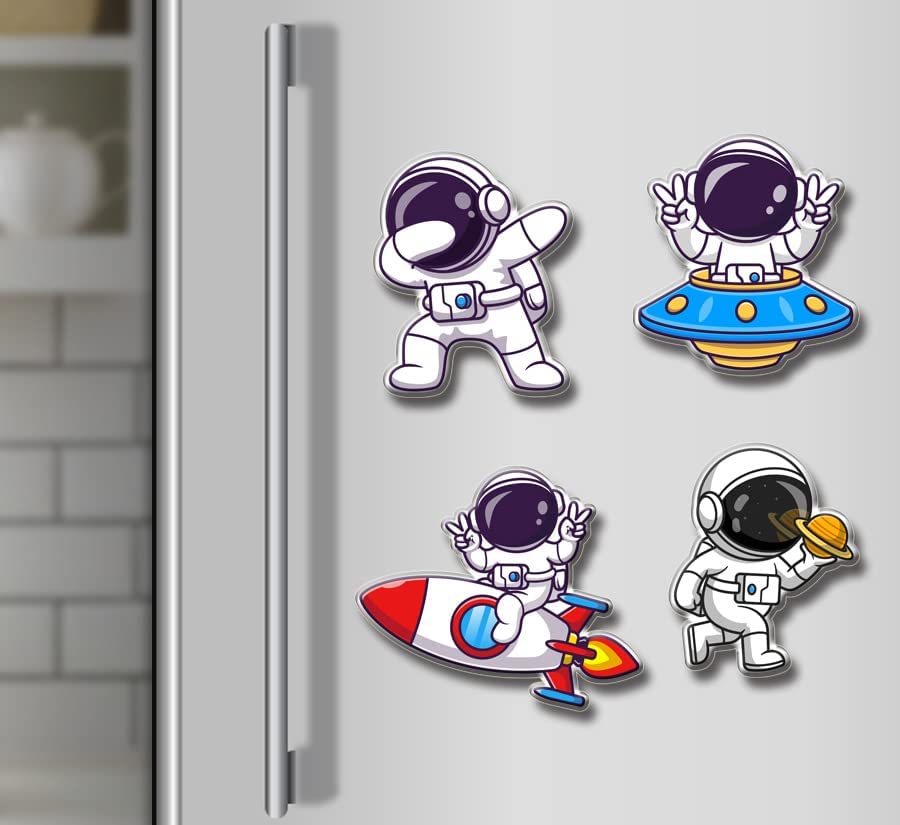 Image of CAPIO ART MDF Wooden Astronaut Fridge Magnet Pack of 4 | Aesthetic & Trendy Designer Door Magnets | Sleek Multipurpose Office Magnets for Home, Kitchen & Decor (White)