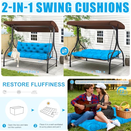 Image of Porch Swing Cushions Outdoor 48 inch x 40 Waterproof Swing Cushions 3 Seater Replacement with Backrest & 8 Ties 5 inch Thick Bench Swing Cushions for Outdoor Furniture Patio(Peacock Blue)