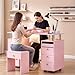 Nail Desk & Storage Stool Set for Nail Tech, Manicure Table w/Electric Dust Collector, LED Lights, Rolling Wheels, Hidden Storage Seat, Acetone Resistant, Professional Salon Workstation (Pink)
