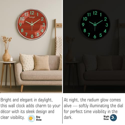 Image of RANDOM Modern 12.75INCH Wall Clock with 3D Radium Numbers, Silent Non-Ticking, Premium Copper Frame, Ultra Clear Glass for Living Room, Home Office