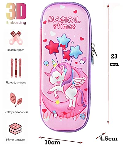 Image of LONGMIRE Plastic 3D Unicorn Cover Large Capacity Pencil Case Compass With Compartments, School Supply Organizer For Students, Stationery Box, Cosmetic Zip Pouch Bag (Pack Of 1), Pink