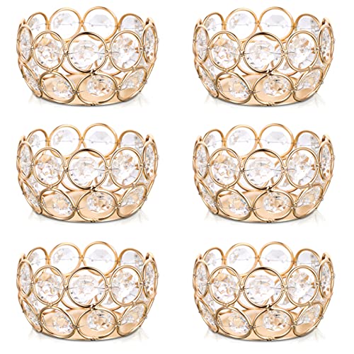 Sziqiqi Bougeoir de Cristal Lot de 6, Chandelier Supports pour Bougies Chauffe-Plat pour Table Deco Noel Mariage Fête Banquet Anniversaire Décor, 8cm, Bordure en Or Métal
