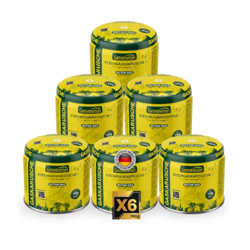 Campingman 6 x 190g Gaskartusche mit Gas Block System Typ 200 Stechkartusche kompatibel mit C206 Geräten EN417 geprüft Butangas Kartusche für Campingkocher Gaskocher Lötbrenner & Gasbrenner