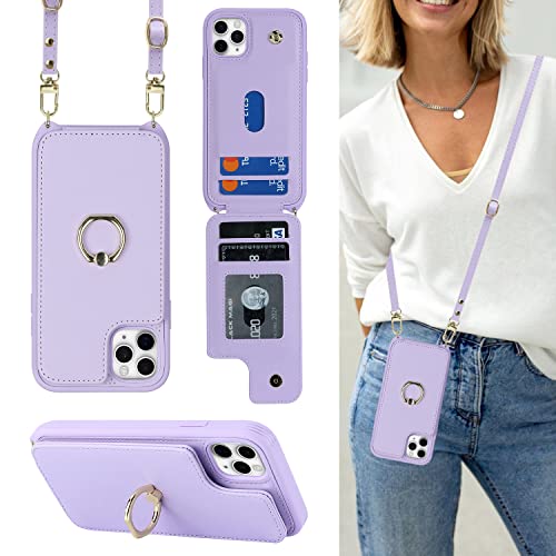 Image of for iPhone 11 Pro Phone Case with Card Holder and Strap for Women,Crossbody Lanyard,Kickstand Ring Stand,Snap Clasp,Phone Wallet Cases 5.8 inch(Purple)