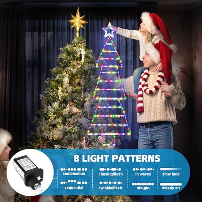 4.4 FT LED Christmas Tree Shaped Ladder Lights with Star, Plug-in Waterproof 8 Modes Christmas Window Hanging Lights for Indoor Outdoor Wall Door Xmas Decor