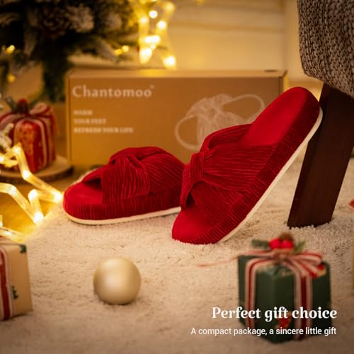 Image of Chantomoo Slippers for Women Memory Foam House Bedroom Corduroy Bow Crossbands Slipper Shoes Comfy Trendy Gift Slippers