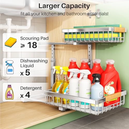 Image of Kitstorack Under Sink Organizer, 2 Tier Under the Sink Storage, Slide out Pull out Cabinet Organizer Shelf, Metal Sliding Drawer for Kitchen Bathroom Pantry Closet Organization Rack, Silver, 1 Pack