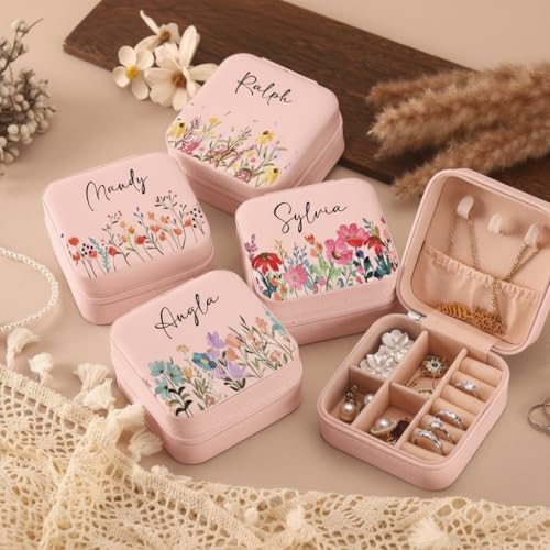 Image of PRIMIT Personalized Jewelry Box with Name & Birth Flower - Custom Travel Jewelry Organizer Case - Bridesmaid, Birthday, Christmas Gift for Women & Girls (Pink)