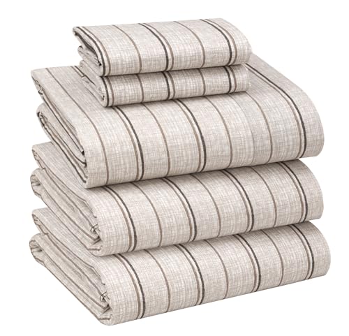 Image of RUVANTI 100% Cotton Percale Sheets Split King Size, Brown Stripes | Crisp Cooling, Deep Pocket 16 inch, Soft Breathable & Durable, Hotel-Style, 5 Piece Set